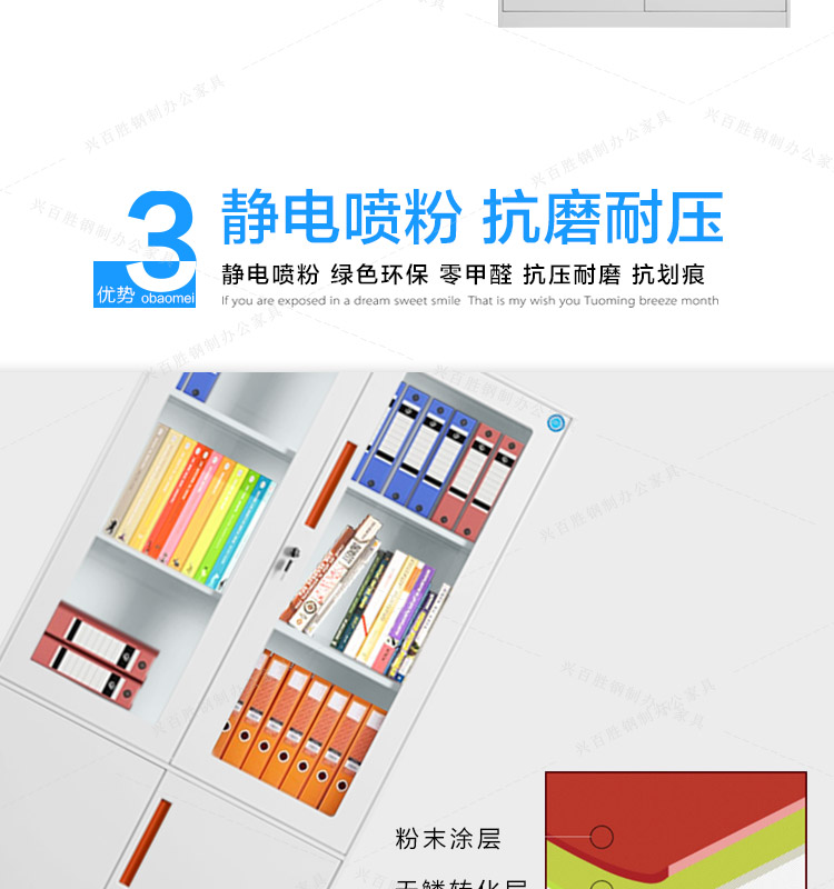 鐵皮文件柜采用靜電噴涂，不易掉漆